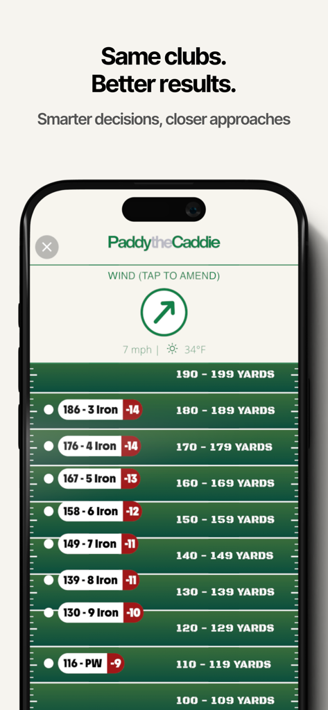 Paddy the Caddie Golf Yardages - Paddy the Caddie app interface showing golf club yardage recommendations adjusted for wind and temperature