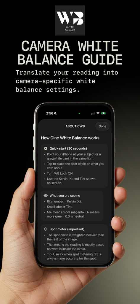 CINE WHITE BALANCE - Smartphone mostrando la guía de balance de blancos de cámara y el tutorial para la aplicación Cine White Balance.