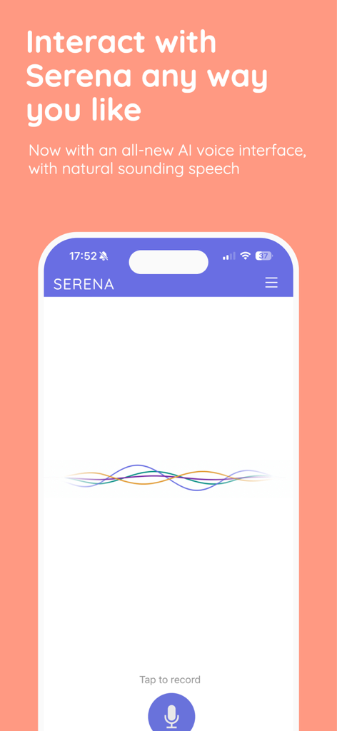 Serena: AI Emotional Support - Serena AI emotional support app voice interface with audio wave display
