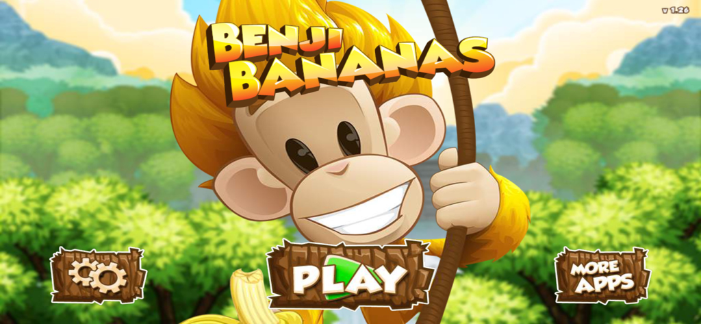 Main menu of the Benji Bananas mobile game featuring a smiling monkey character swinging on a vine in a lush jungle setting.