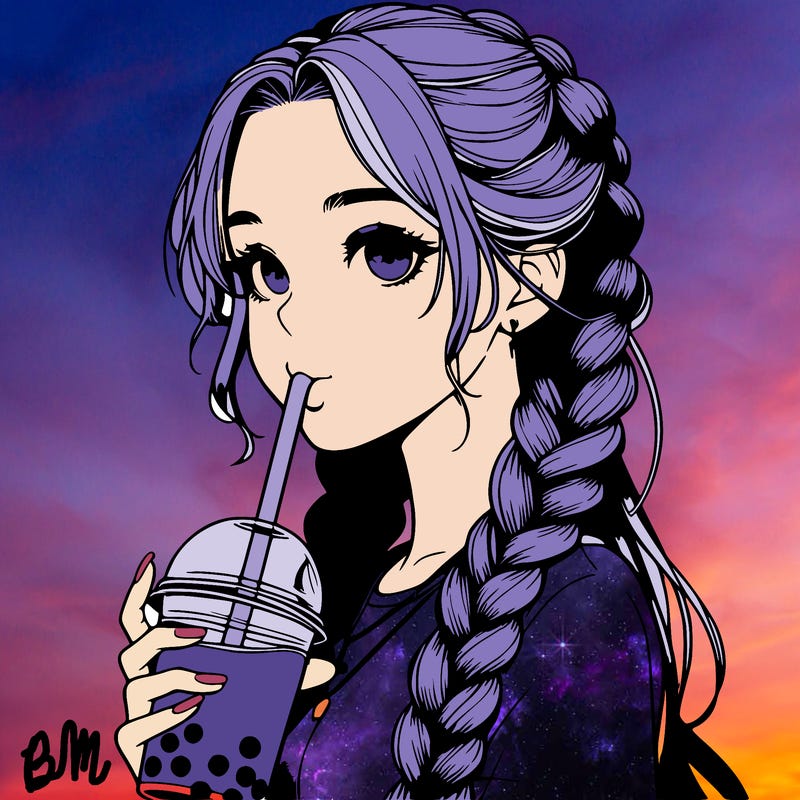 realistic girl with braided hair drinking boba