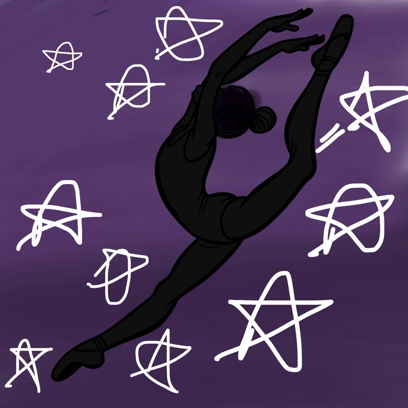 gymnast doing a leap in a leotard with a bent back leg