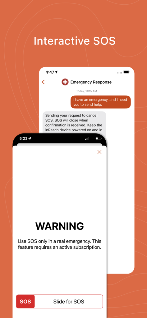 Interfaccia che mostra le funzionalità SOS interattivo e di risposta alle emergenze nell'app Garmin Messenger