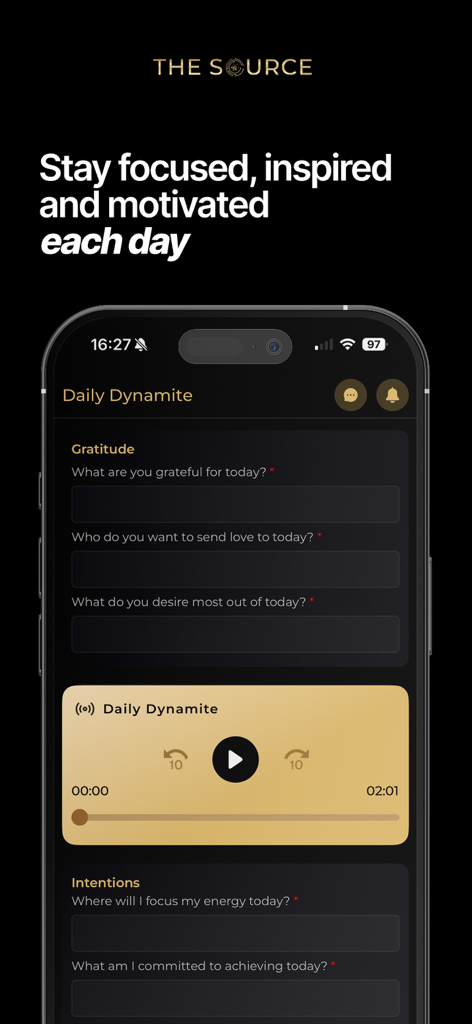 The Source. - The Source app Daily Dynamite screen showing gratitude journaling and audio mentorship features