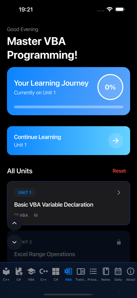 MSDev Academy - MSDev Academy App-Dashboard, das den VBA-Programmierkurs mit Einheitenfortschritt und Lehrplan zeigt
