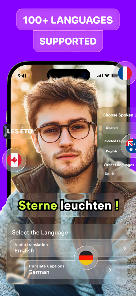 Una interfaz móvil para la aplicación VCAP AI que muestra la traducción de subtítulos multilingüe y el soporte para más de 100 idiomas.