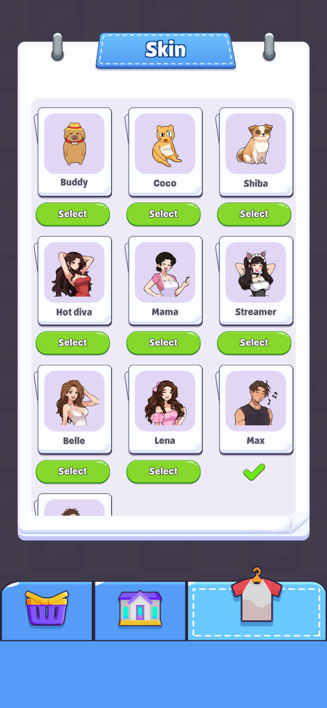 Brain Up - Drama Puzzle Game - Character selection menu in Brain Up Drama Puzzle Game showing various animal and human avatar skins.