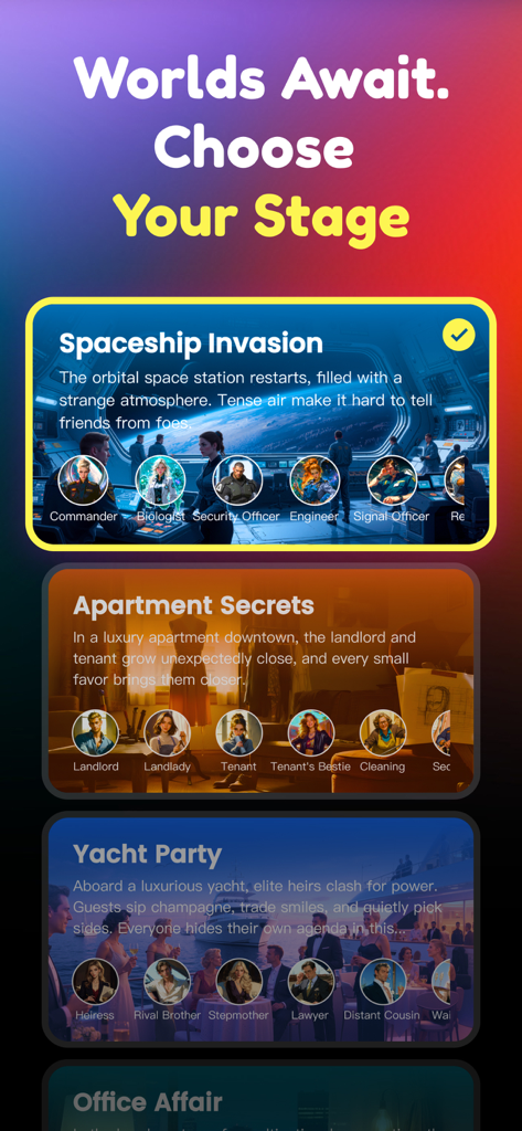 A selection of interactive roleplay worlds in Oumi including Spaceship Invasion Apartment Secrets and Yacht Party