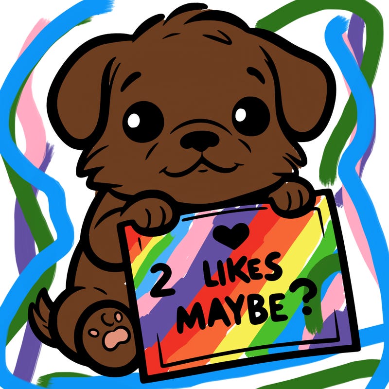 a puppy holding a sign that says 2 likes maybe?
