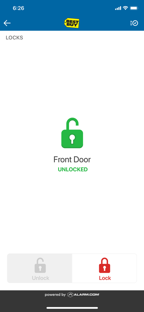 Best Buy Assured Living app interface showing a front door lock status as unlocked with a remote lock option