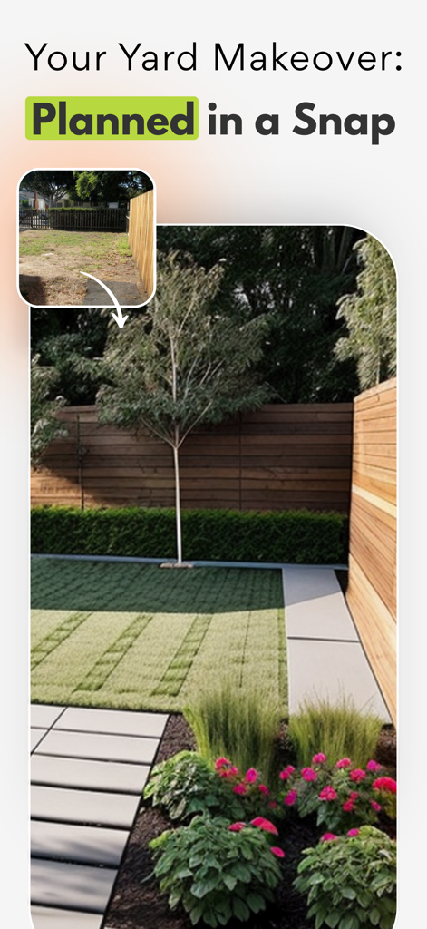 AI Home Design: Interior ARCAI - Uma visualização antes e depois de uma reforma de quintal usando design de paisagismo com IA