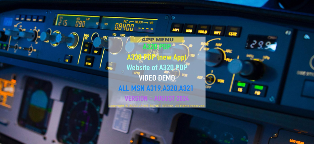 A320PDP BASIC - A320PDP BASIC app main menu showing study options for A319 A320 and A321 over a cockpit background