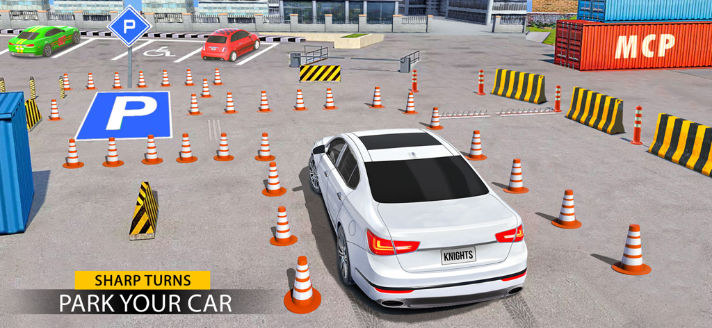 Car Driving School Parking Sim - Un coche blanco navegando por un estrecho camino de conos de tráfico en un simulador de estacionamiento de autoescuela