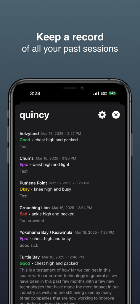 A list of past surf reports on a user profile within the Waver app