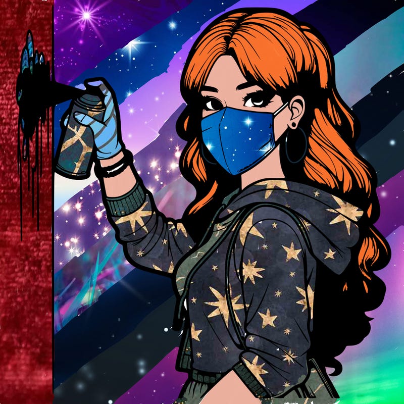 realistic girl with mask spray painting a wall