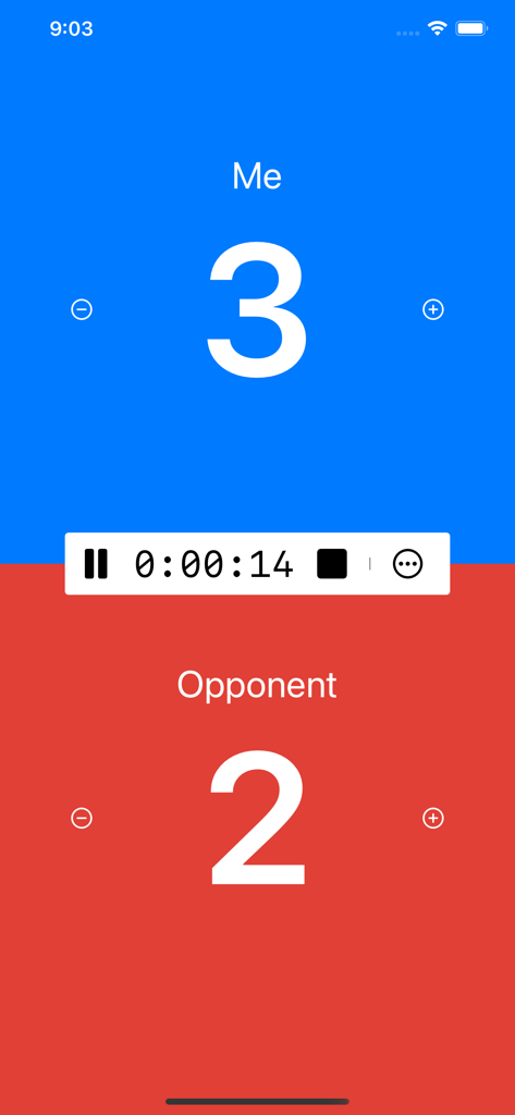 Match Point: Score Tracker - Interfaz de la aplicación Match Point Rastreador de Puntuación mostrando un marcador de 3 a 2 para Yo y Oponente con un temporizador de partido.