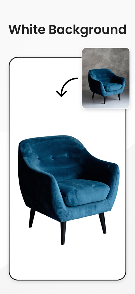Slazzer- Background Remover - A before and after comparison of a blue armchair having its textured background removed and replaced with a pure white background for e-commerce.
