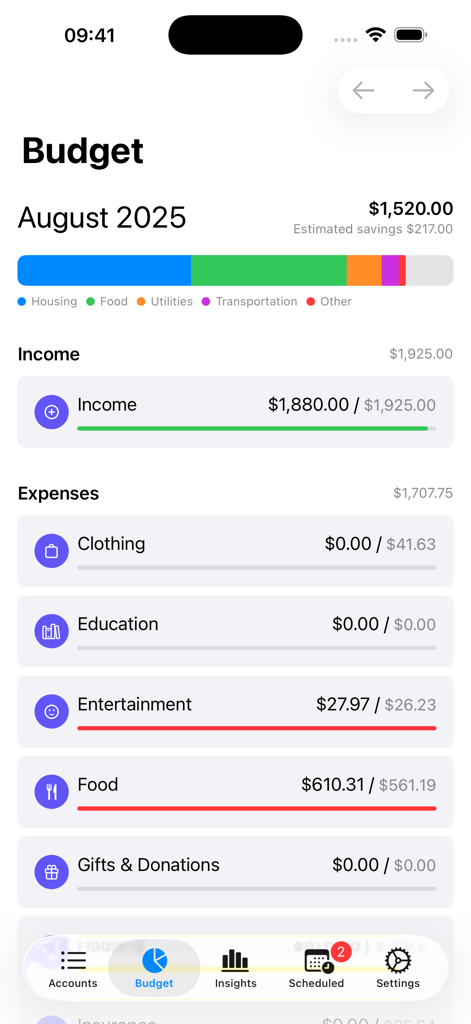 Indigo Money budget screen showing monthly income and categorized expenses with progress bars