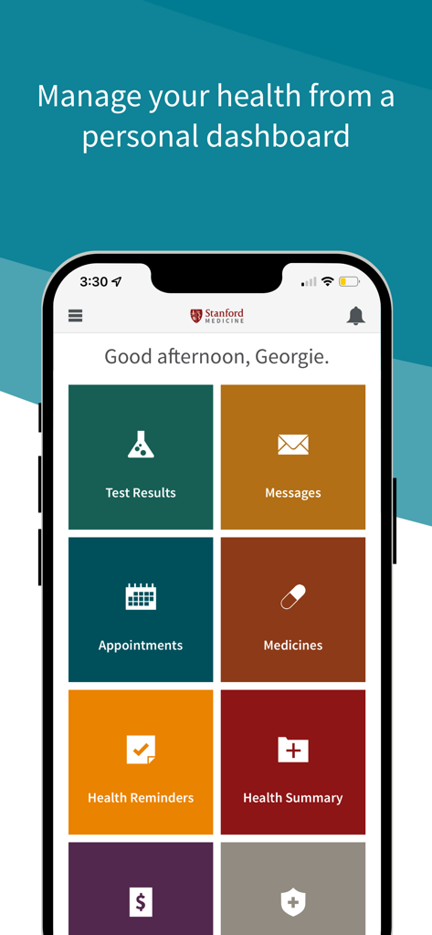 Stanford Health Care MyHealth - Stanford Health Care MyHealth app personal dashboard displaying icons for test results, messages, and appointments