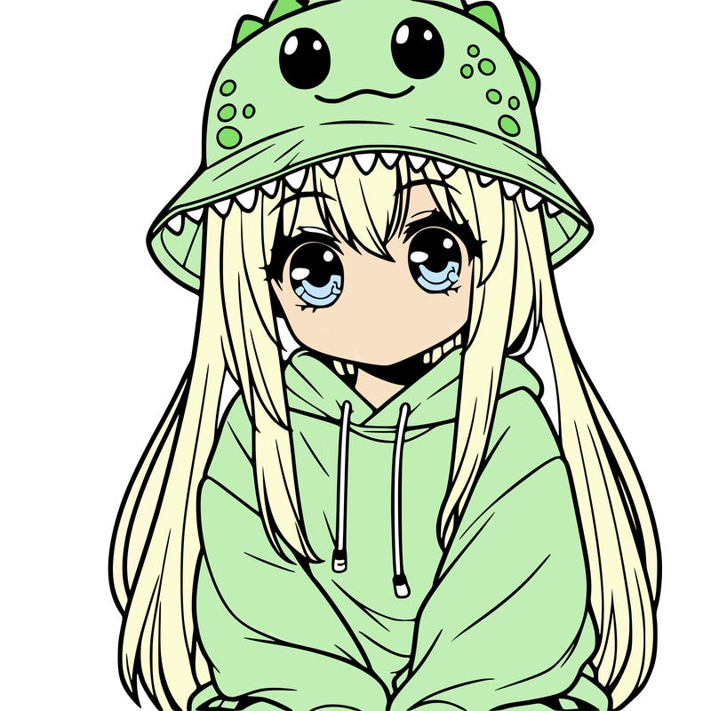 girl with anime shaped eyes with a dinosaur bucket hat oversized sweatshirt long straight hair