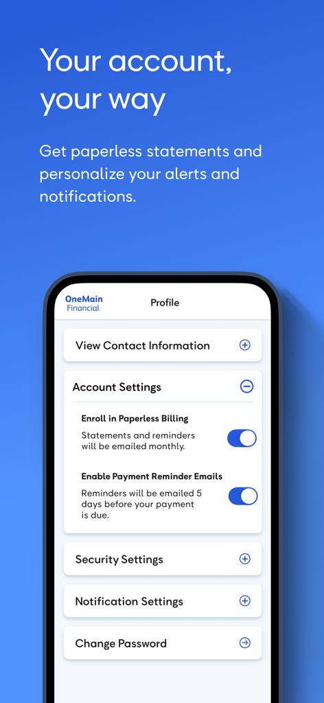 OneMain - 종이 없는 청구 및 이메일 알림 옵션을 보여주는 OneMain Financial 앱의 계정 설정 화면.