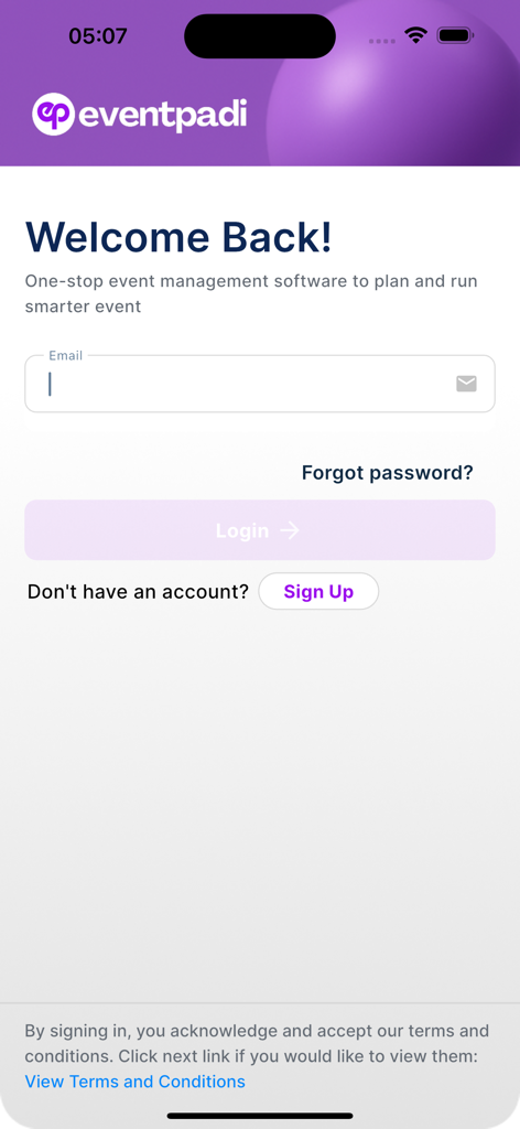EventPadi - Pantalla de inicio de sesión de la aplicación EventPadi que muestra un mensaje de Bienvenida de nuevo y un campo de entrada de correo electrónico.