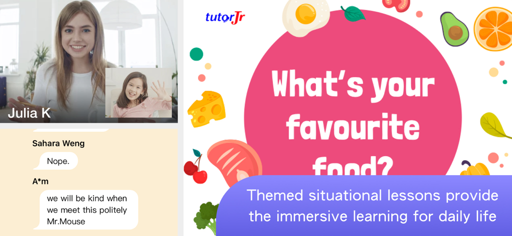 TutorABC Junior - A live online classroom interface showing a teacher and student discussing food in a themed lesson