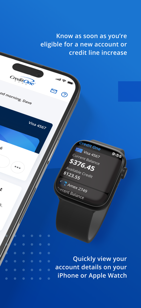 Credit One Bank Mobile - iPhoneとApple Watchに口座残高と与信限度額の通知を表示しているCredit One Bank Mobileアプリ