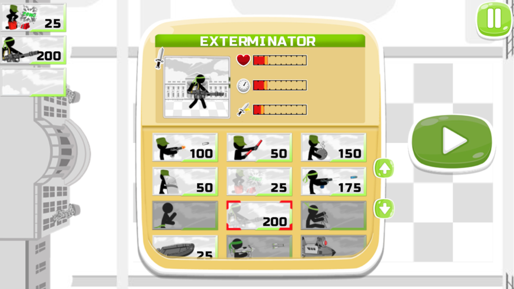 Stick Tower Game：Free - Stickman unit selection menu with character stats and upgrade options