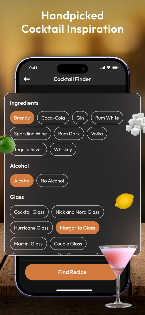 Interfaz para seleccionar ingredientes y cristalería para descubrir nuevas recetas de cócteles
