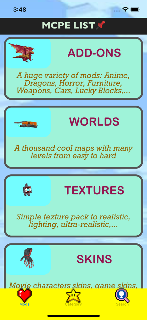 Morph Mod Addons for Minecraft - Minecraft PE menu with categories for addons worlds textures and skins