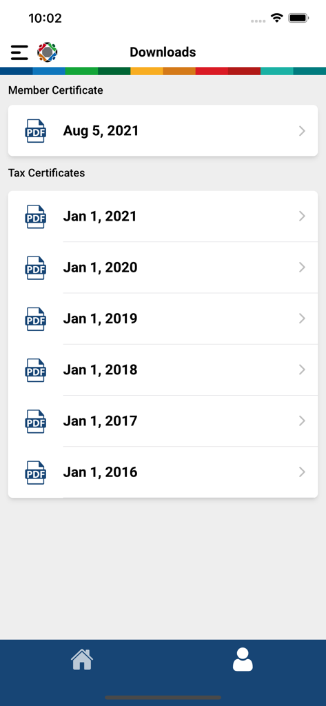 Downloads screen in GEMS Member app with tax and member certificates.
