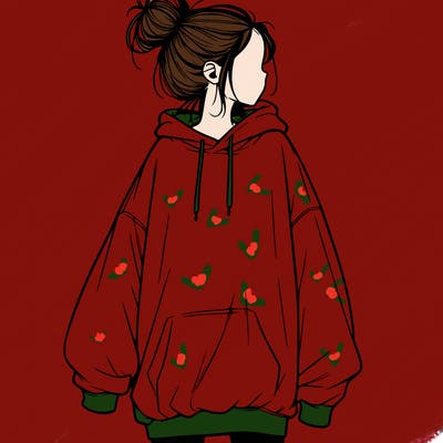 realistic girl with a oversized sweatshirt on and a bun