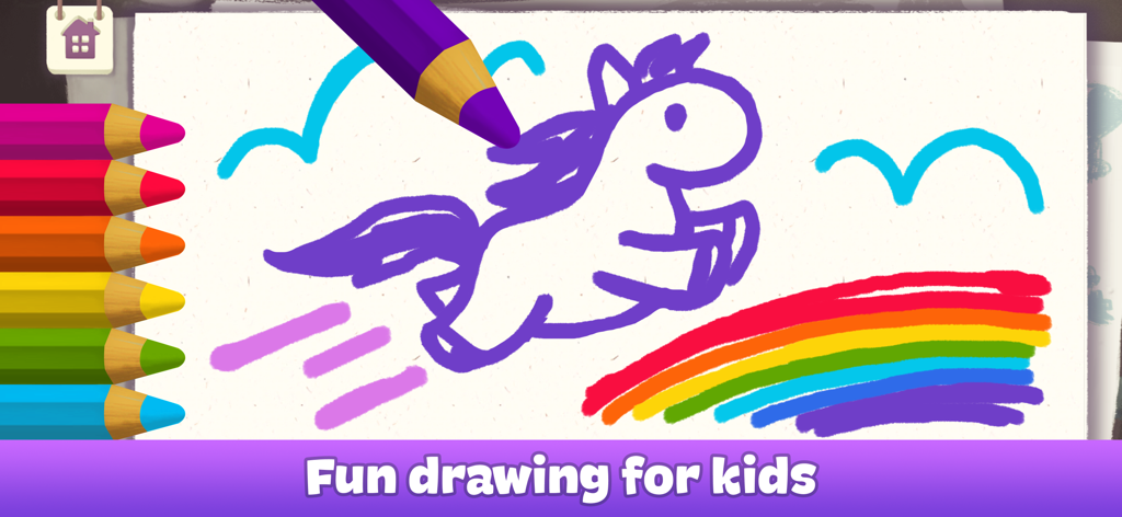 Drawing for Kids and Toddlers - Un lienzo digital que muestra un dibujo de un unicornio morado y un arcoíris con un conjunto de lápices de colores al lado.