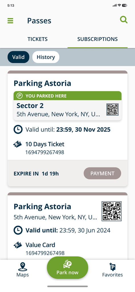 JPass - JPass mobile app screen showing active parking subscriptions and digital tickets for Parking Astoria in New York
