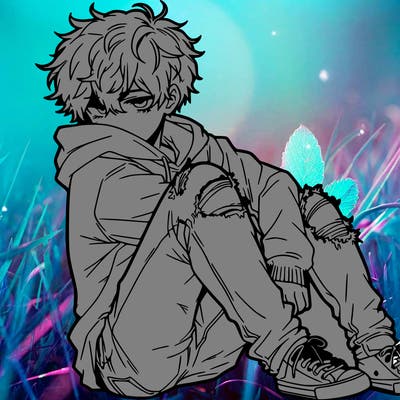 a male hoddie ripped jeans messy hair anime