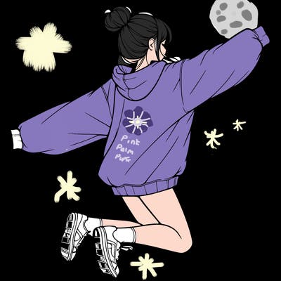 realistic girl jumping with a bun and oversized sweatshirt