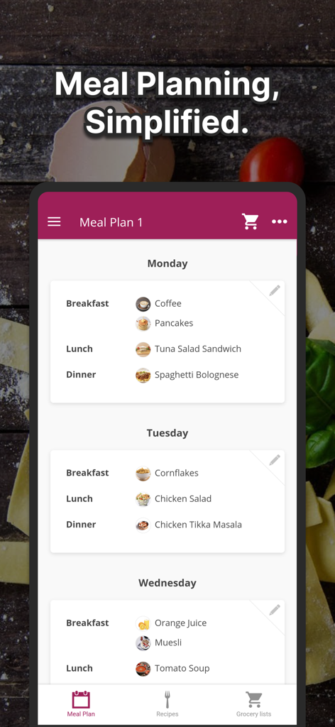 Interfaz del plan de comidas semanal que muestra opciones de desayuno, almuerzo y cena en la aplicación Plan Meals