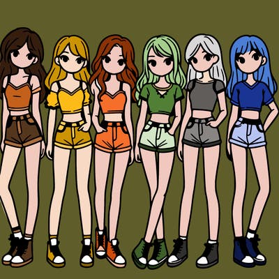 a group of girls wearing crop tops and shorts