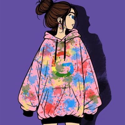 realistic girl with a oversized sweatshirt on and a bun