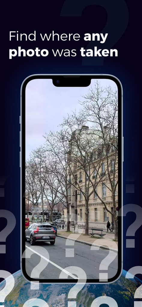 GeoFindr AI : Locate any photo - Pantalla de iPhone mostrando la aplicación GeoFindr AI con el titular Encuentra dónde se tomó cualquier foto sobre una imagen de Street View