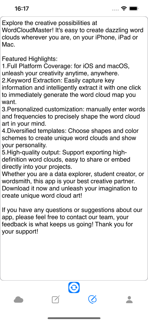 WordCloudMaster 앱 소개 화면에 주요 기능 및 플랫폼 호환성이 나열됨