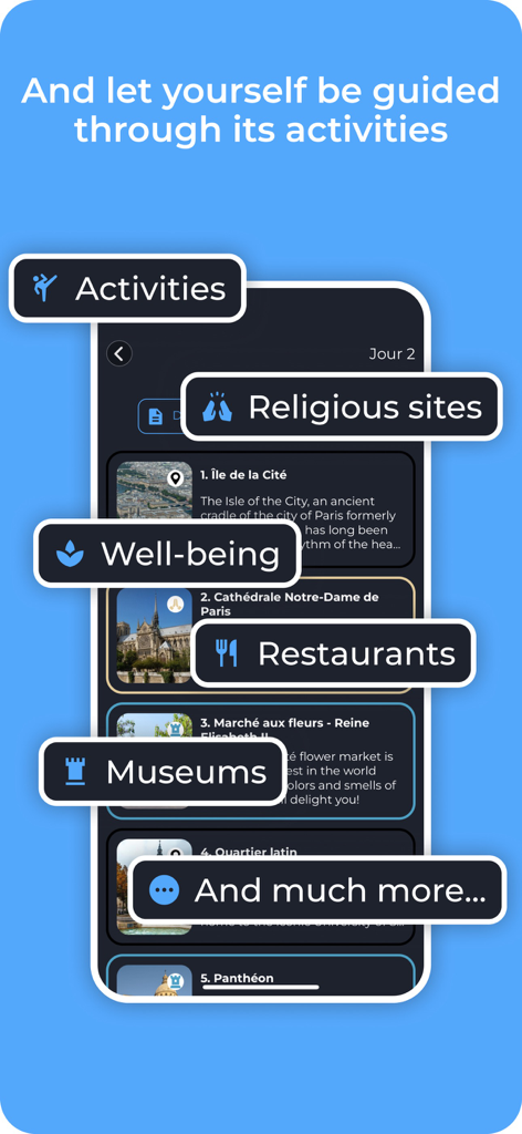 Henri Trip - Guide interactif - Application mobile Henri Trip affichant un itinéraire de voyage quotidien avec des catégories d'activités comme les musées, les restaurants et les sites religieux