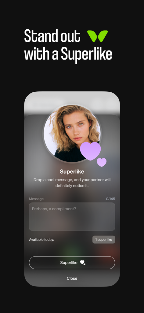 Twinby dating app screen showing the Superlike feature with a message field
