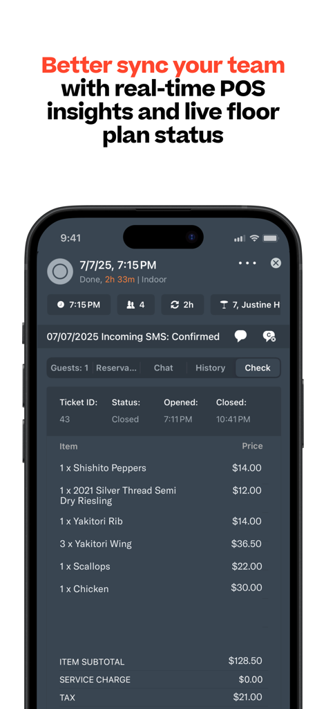 ResyOS App-Bildschirm mit Echtzeit-POS-Einblicken und einer geschlossenen Restaurant-Gästekarte