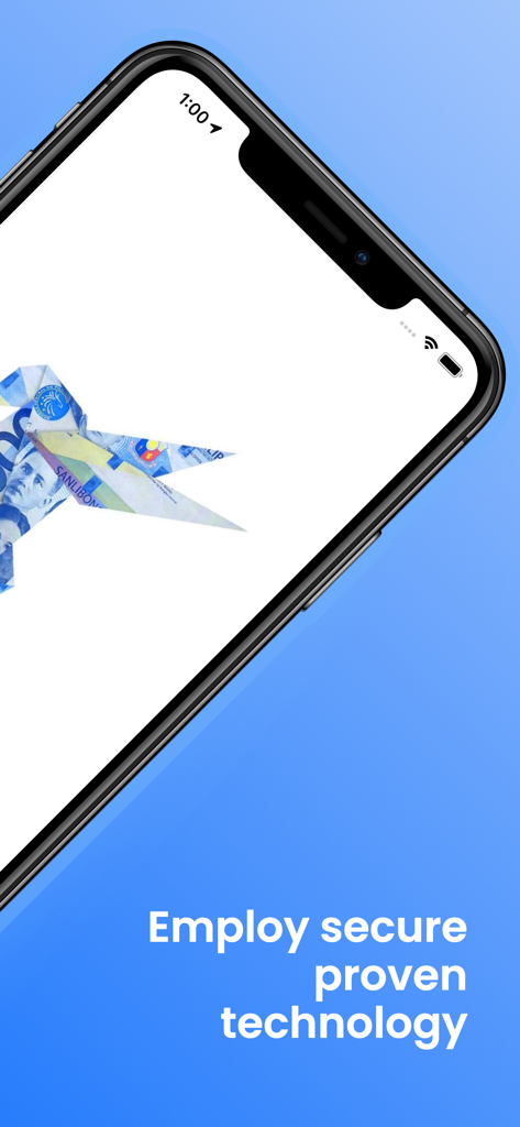 BCRemit - BCRemit mobile App-Bildschirm, der einen Papierflieger aus philippinischen Peso-Scheinen mit der Bildunterschrift Employ secure proven technology anzeigt