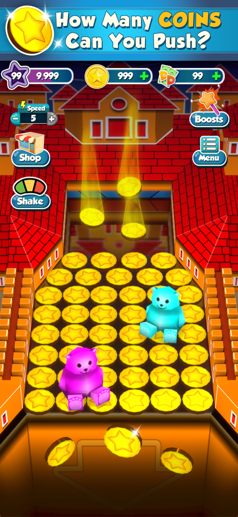 Gameplay of Coin Dozer showing gold coins and prize bears on an arcade style coin pusher machine
