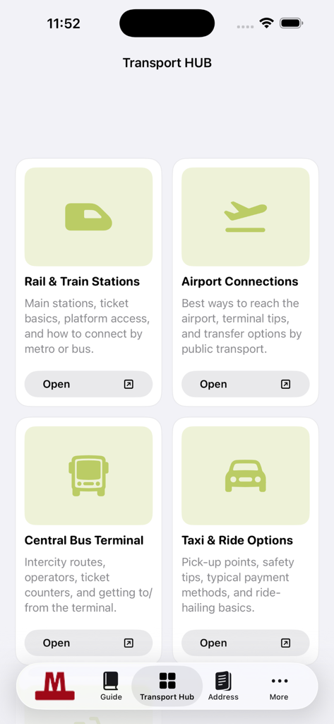 Copenhagen Subway Map app Transport HUB screen showing rail, airport, bus, and taxi options.