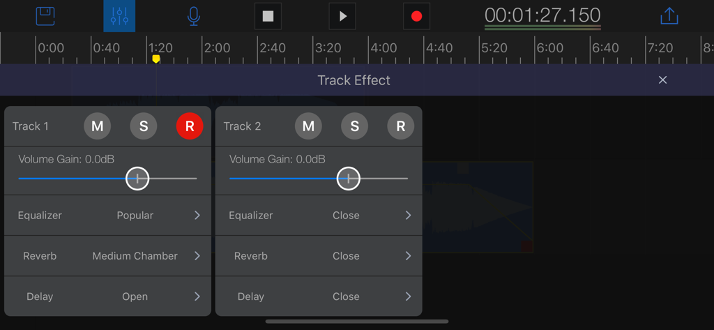 EZAudioCut mobile app interface showing multitrack audio effects and mixing tools