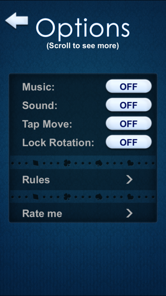 `Freecell Solitaire - The settings screen of Freecell Solitaire featuring options for sound music movement and game rules